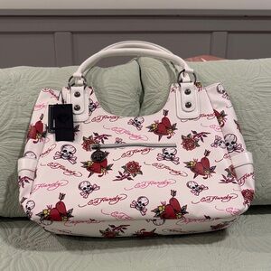 Ed Hardy White & Pink Floral Skull Shoulder/Tote Bag (NWT)